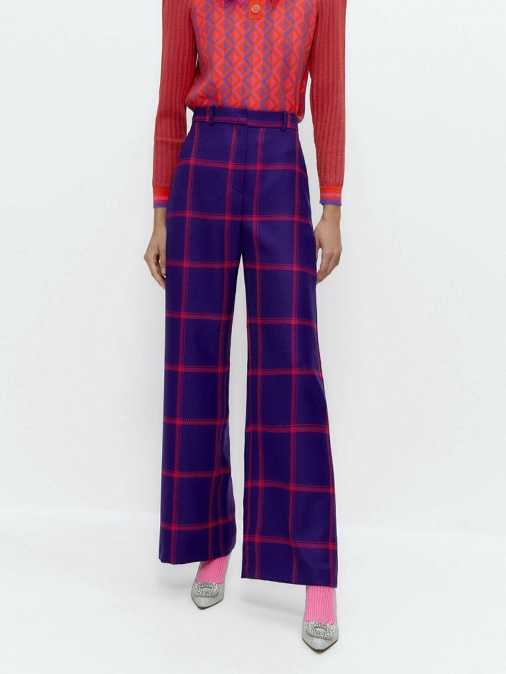 UTERQUE high waisted wide leg pants blue and fuschia check